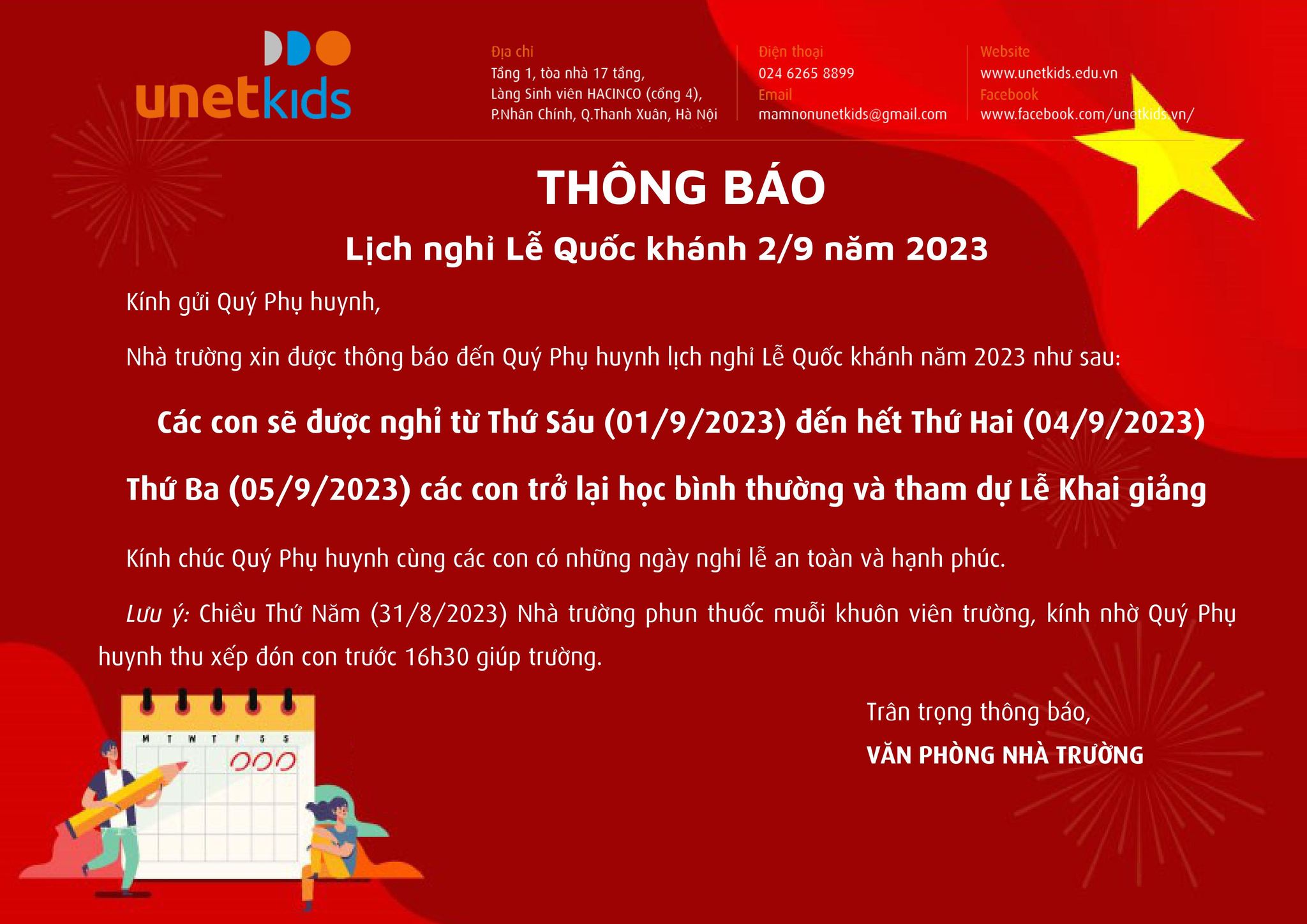 THÔNG BÁO NGHỈ LỄ QUỐC KHÁNH 2/9 NĂM 2023