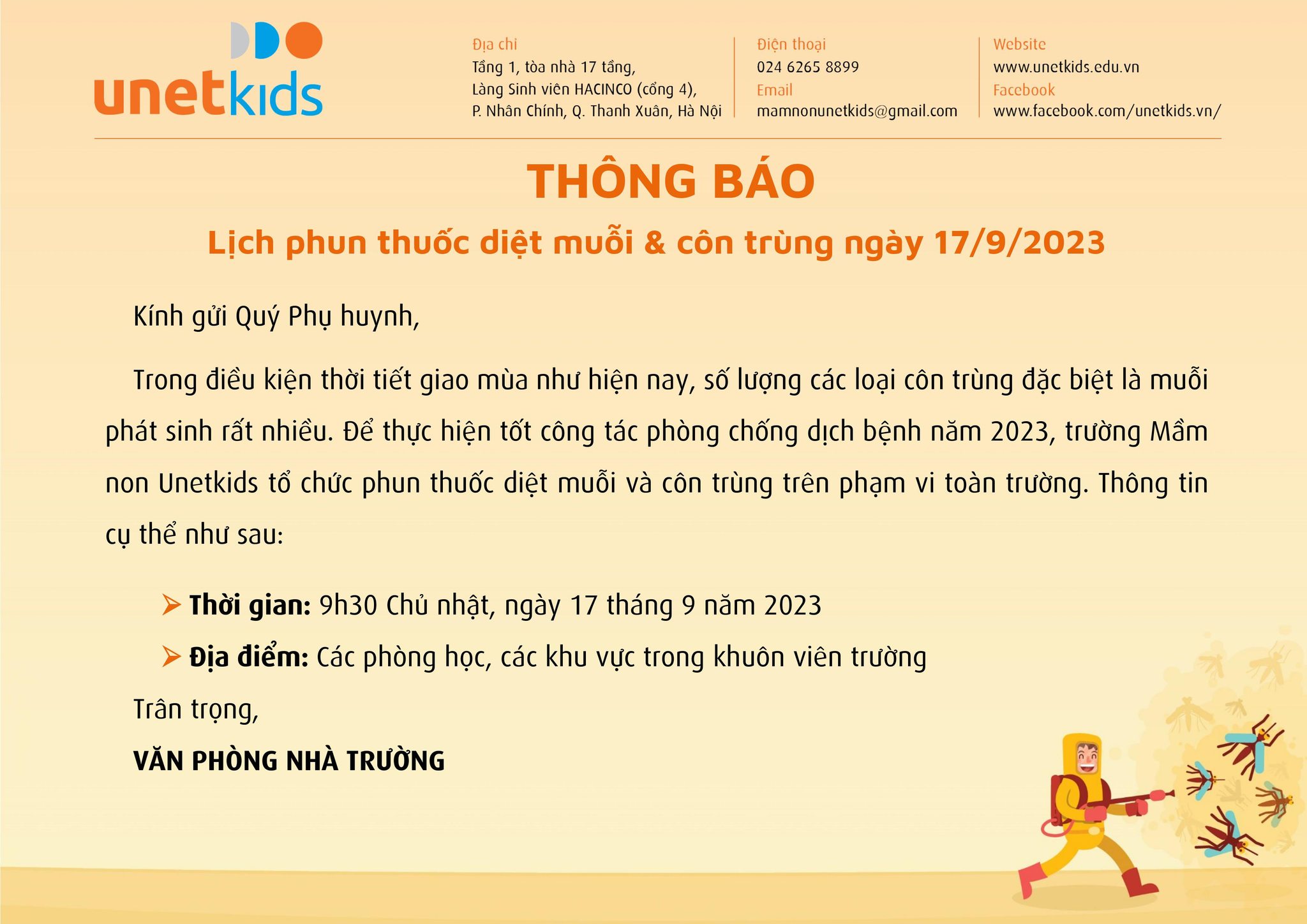 THÔNG BÁO LỊCH PHUN THUỐC DIỆT MUỖI & CÔN TRÙNG NGÀY 17/9/2023