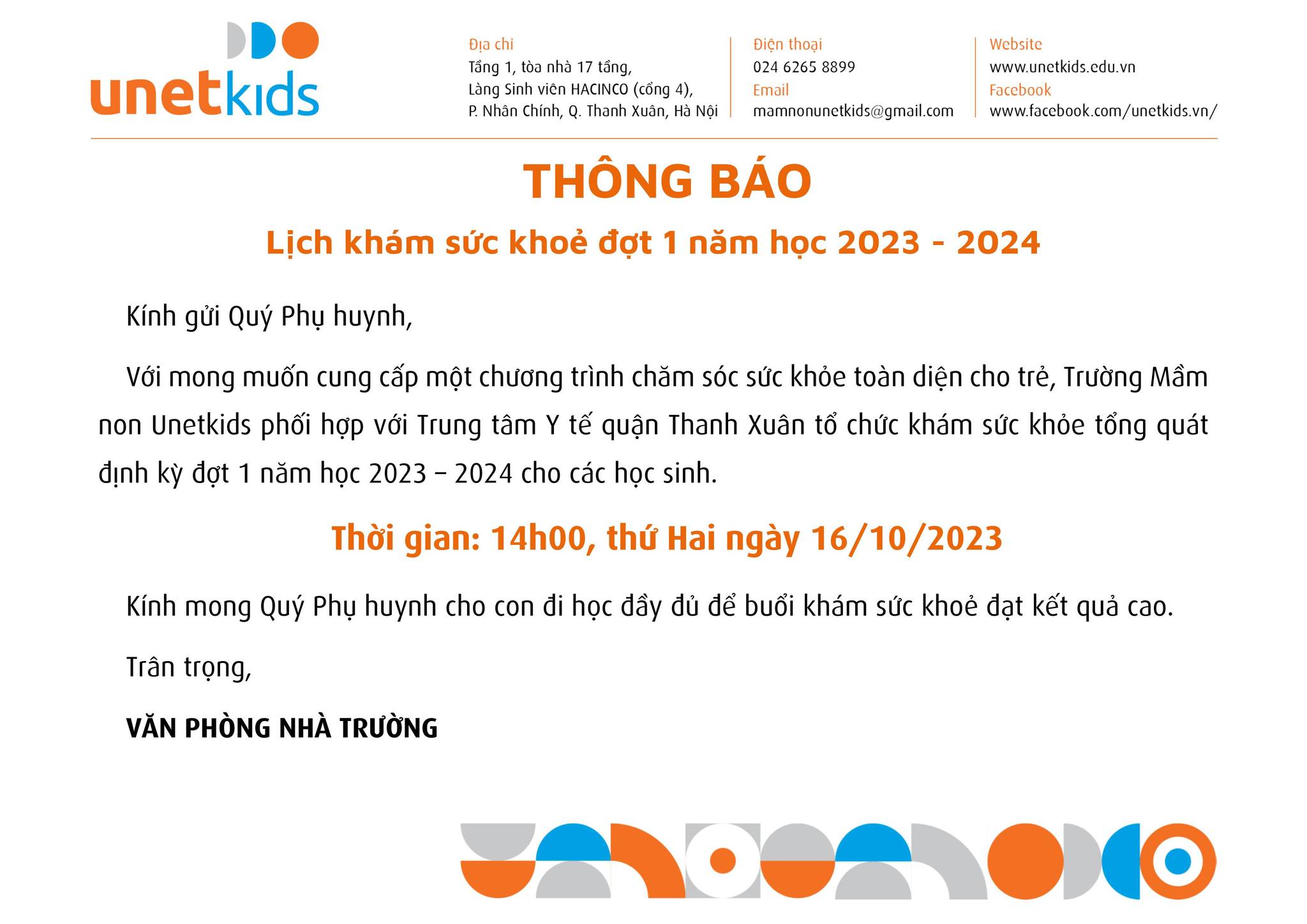 THÔNG BÁO KHÁM SỨC KHOẺ ĐỢT 1 NĂM HỌC 2023 - 2024