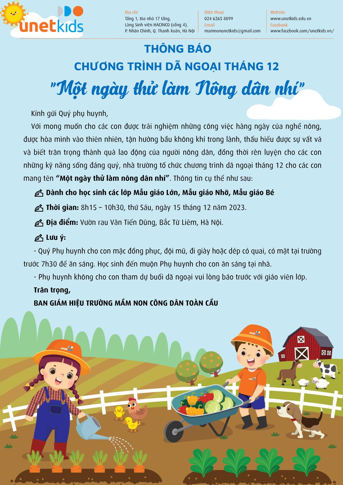 CHƯƠNG TRÌNH DÃ NGOẠI THÁNG 12 🧑‍🌾“Một ngày thử làm nông dân nhí"