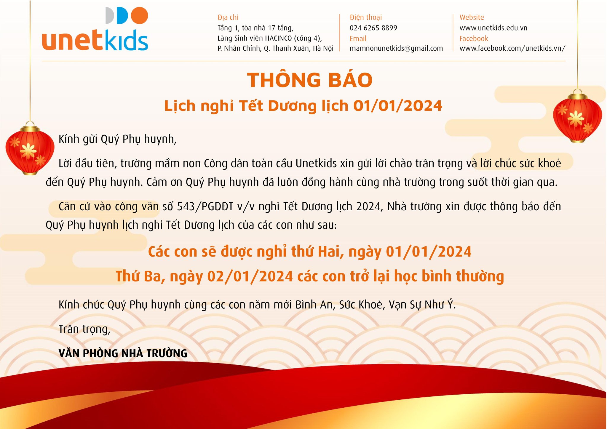 THÔNG BÁO NGHỈ TẾT DƯƠNG LỊCH 01/01/2024