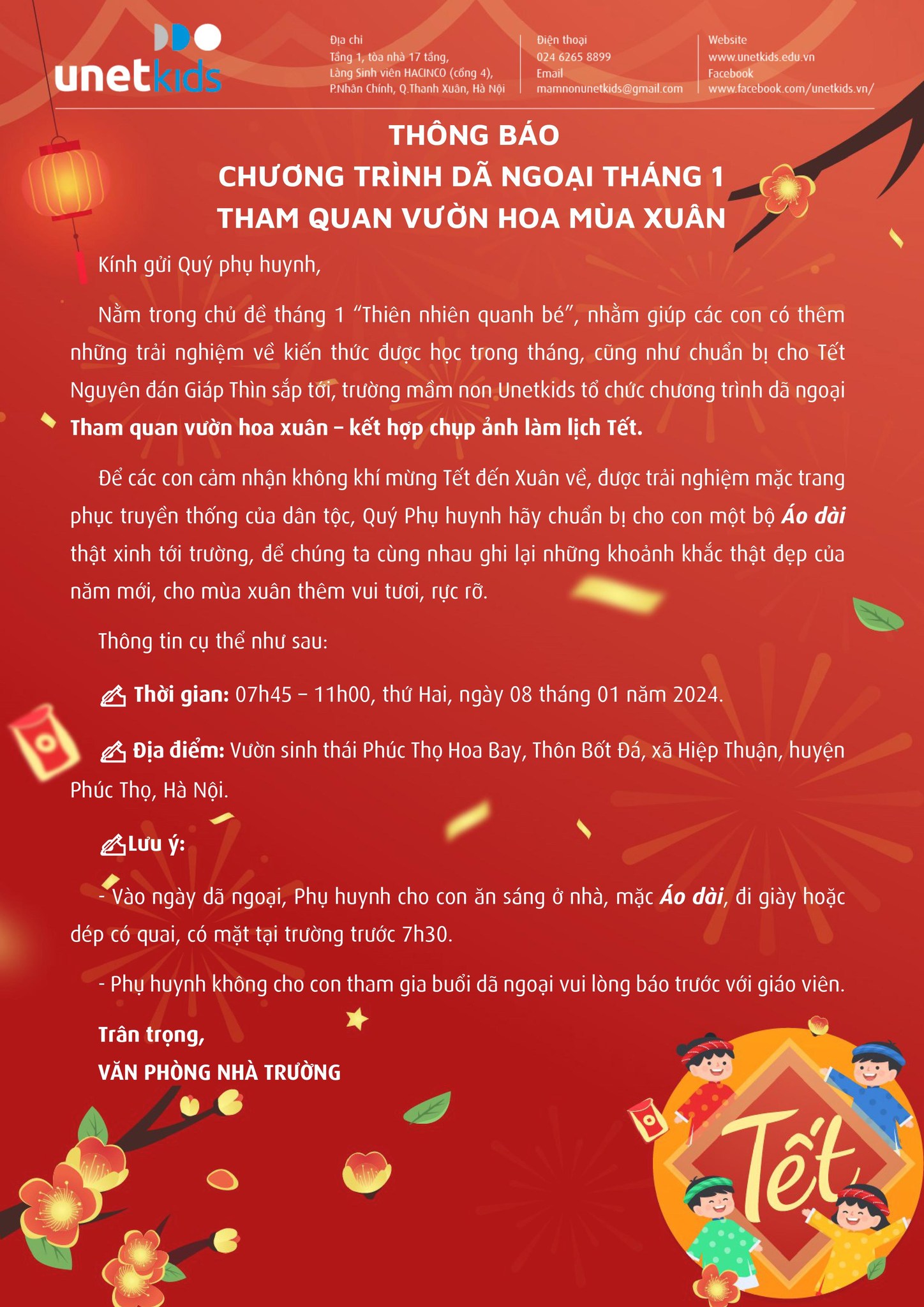 THÔNG BÁO CHƯƠNG TRÌNH DÃ NGOẠI THÁNG 1 - THAM QUAN VƯỜN HOA MÙA XUÂN