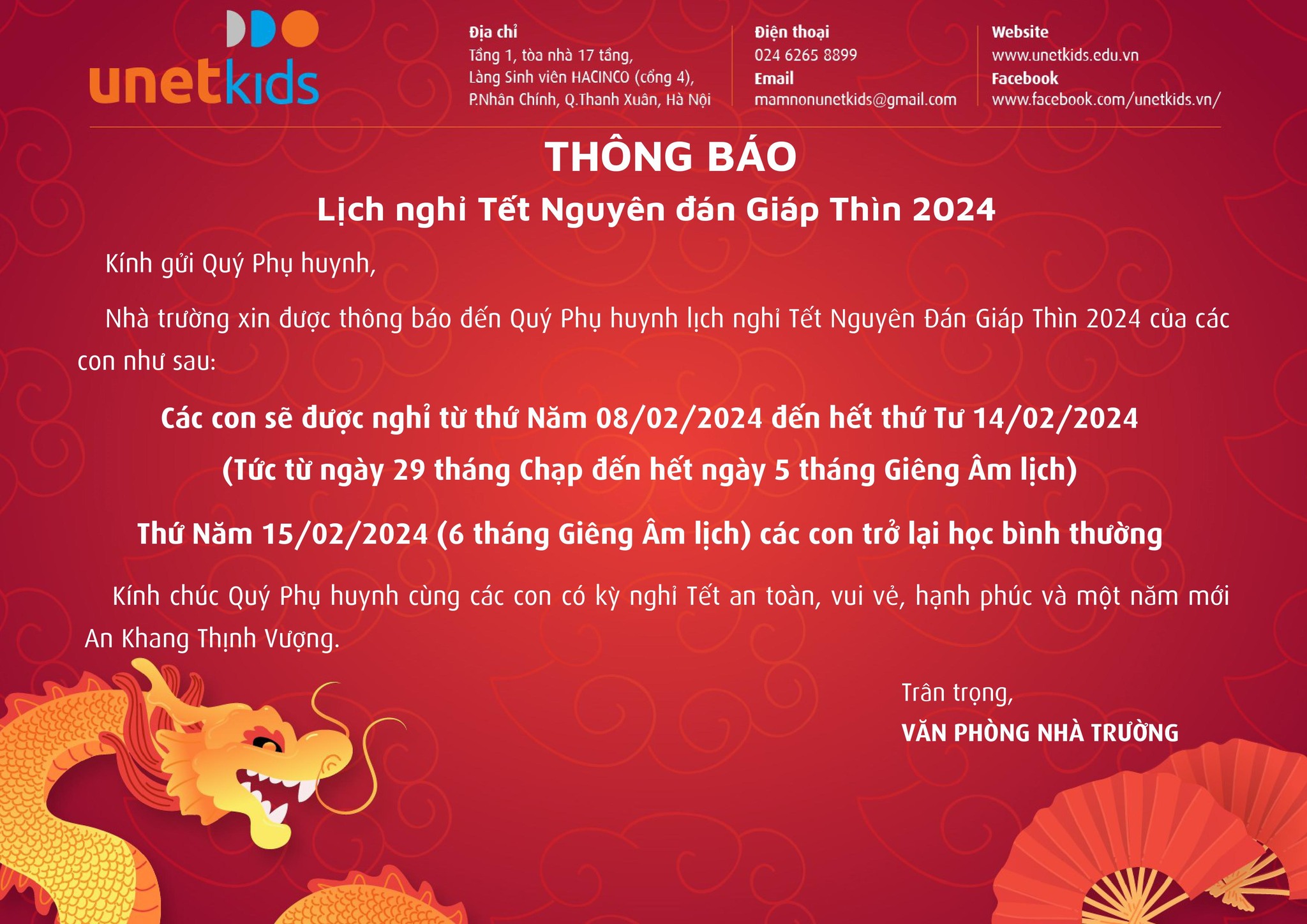 THÔNG BÁO NGHỈ TẾT NGUYÊN ĐÁN GIÁP THÌN 2024